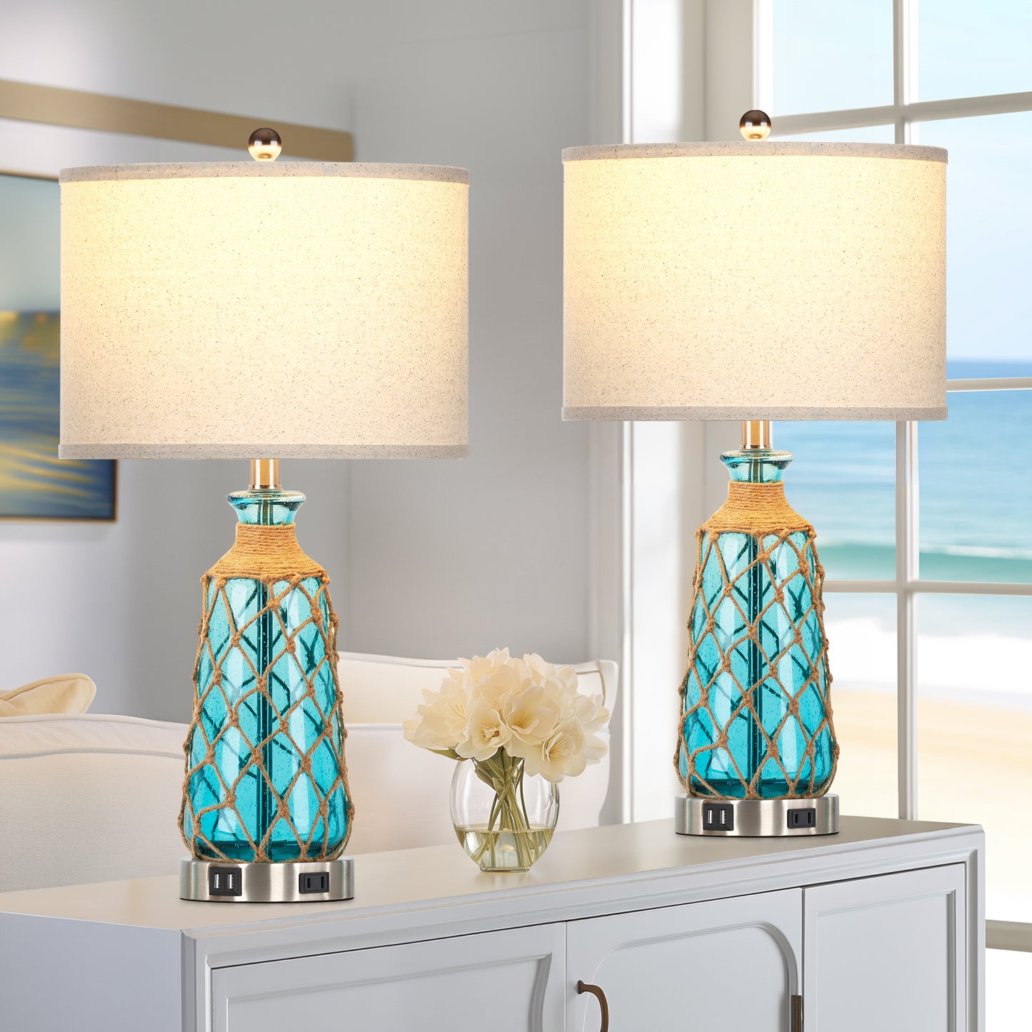 Cinkeda 26" Blue Bubble Glass Table Lamp Set of 2, 3-Level Touch Control Bedside Nightstand Lamps with Dual USB Ports & AC Outlet for Living Room Bedroom