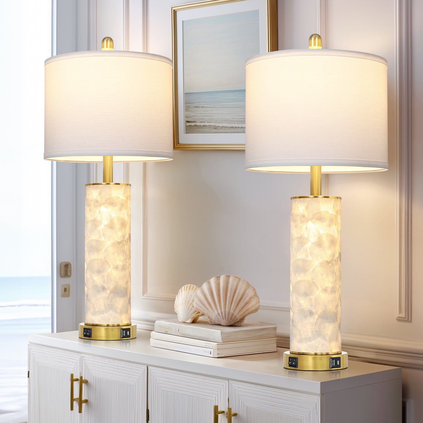 Cinkeda 29" White Seashell Table Lamp Set of 2, Coastal Bedside Nightstand Lamps with USB A+C Ports & Dual Night Light, LED Bulbs Included for Living Room(Gold))