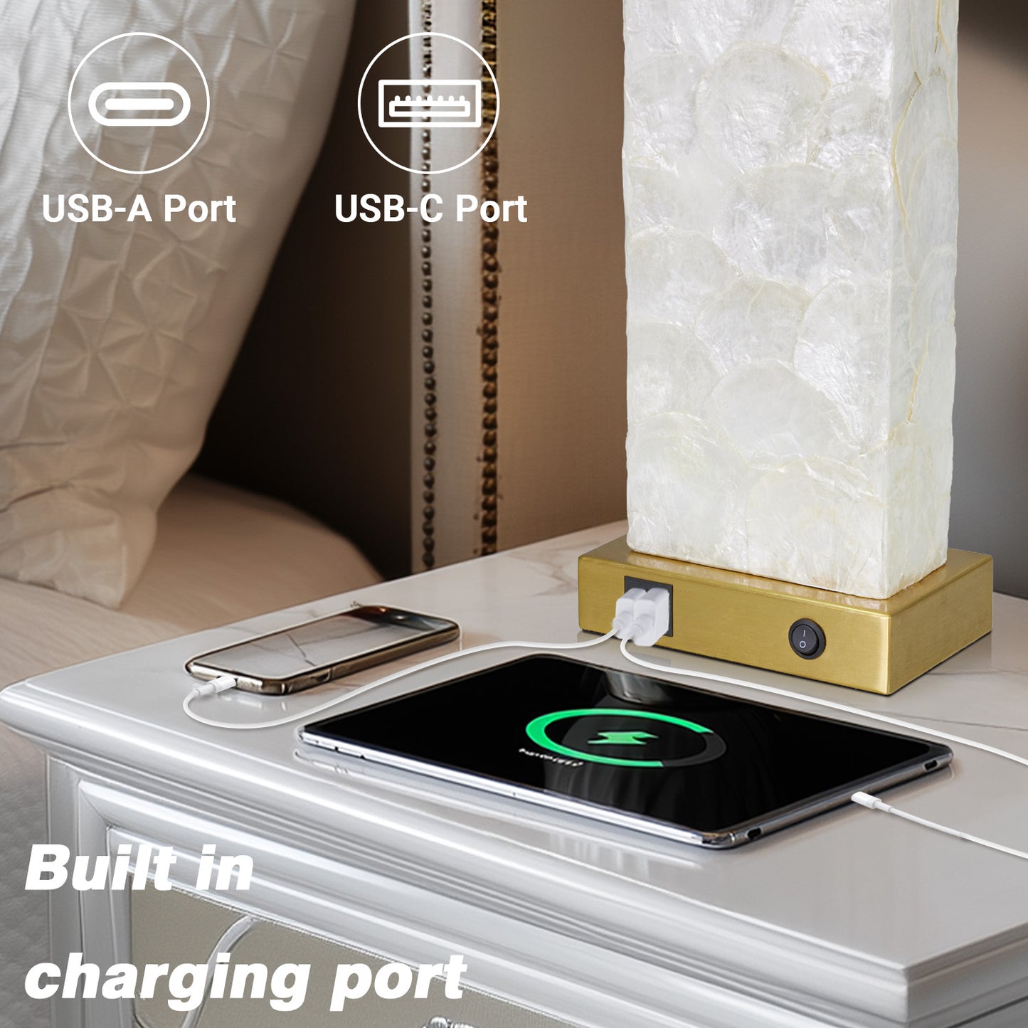 Cinkeda 28" Gold Table Lamp Set of 2, Coastal Seashell Bedside Nightstand Lamps with USB A+C Ports & Night Light for Living Room Bedroom