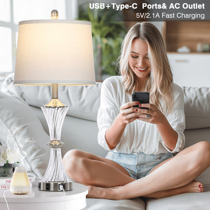 Cinkeda 27" Clear Glass Table Lamps Set of 2 with USB-C/A Ports & AC Outlet, Silver Nickel Finish Nightstand Lamps for Bedroom Living Room, LED Bulbs Included