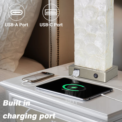 Cinkeda 28" Nickel Seashell Table Lamps Set of 2, Dual Switch Bedside Nightstand Lamps with USB & Type-C Ports, Night Light for Living Room