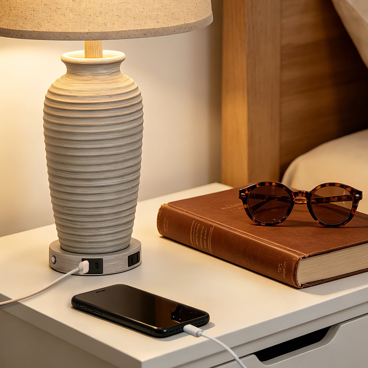 Cinkeda 25" Touch Control Table Lamp, Light Gray Resin Jar Body with Oatmeal Linen Shade, USB-C & AC Outlet, 3-Level Dimmable, Dimmable LED Bulb Included for Bedroom