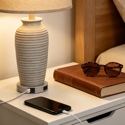 Cinkeda 25" Touch Control Table Lamp, Light Gray Resin Jar Body with Oatmeal Linen Shade, USB-C & AC Outlet, 3-Level Dimmable, Dimmable LED Bulb Included for Bedroom