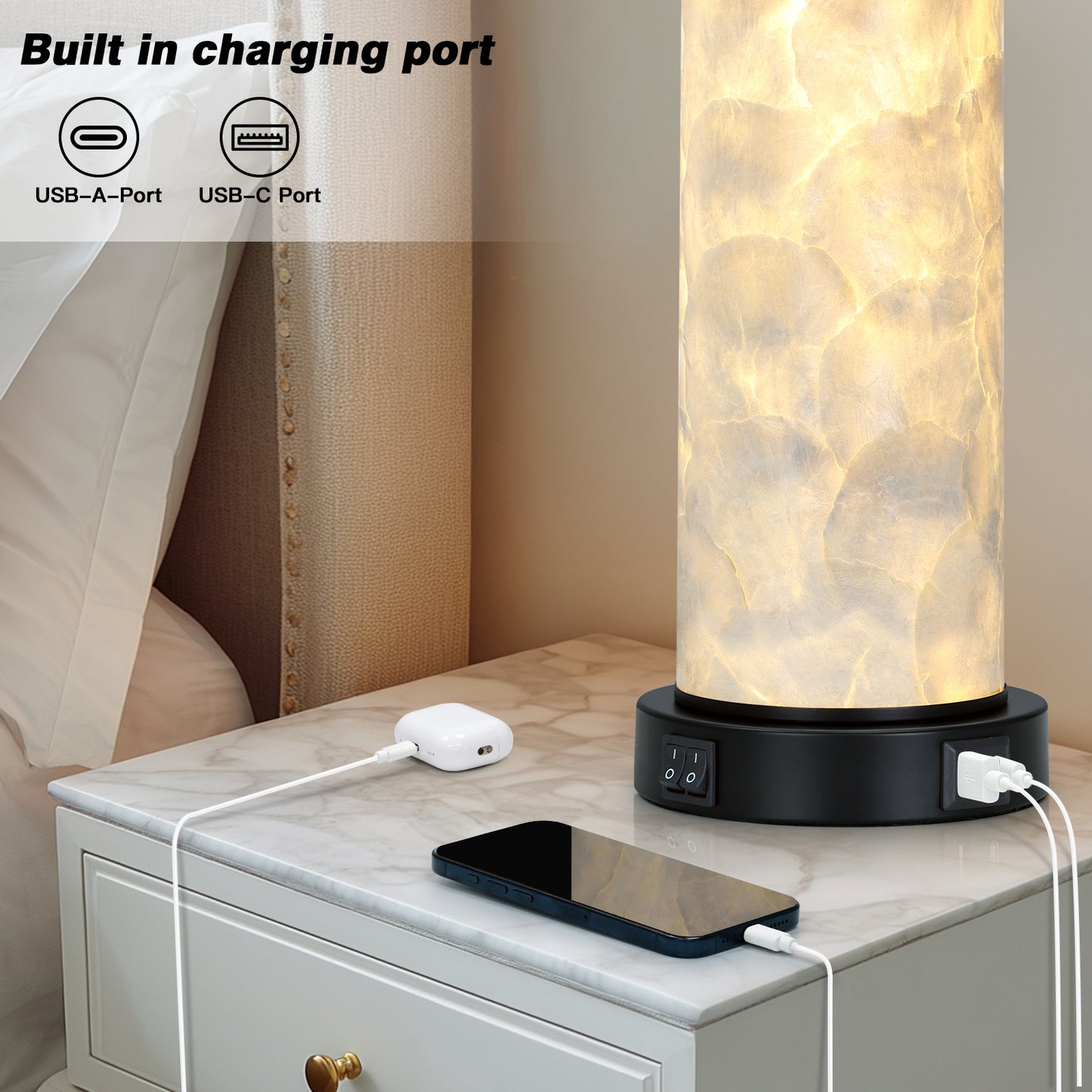 Cinkeda 29" Seashell Table Lamp Set of 2, Coastal Bedside Nightstand Lamps with USB A+C Ports & Dual Night Light, LED Bulbs Included for Living Room(Black)
