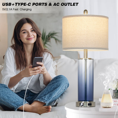 Cinkeda 26" Blue Gradient Glass Table Lamps Set of 2, 3-Level Touch Control Bedside Nightstand Lamps with USB & Type-C Ports, AC Outlet for Living Room