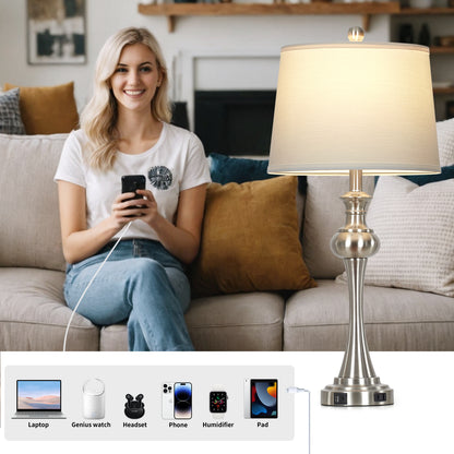 Cinkeda Single Table Lamp for Bedroom Living Room 28.75" Modern Silver 3 Way Dimmable Touch Control Nightstand Bedside Lamp with USB C+A Ports AC Outlet