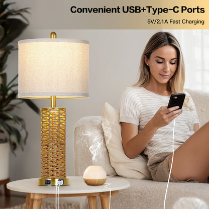 Cinkeda 27" Rattan Woven Table Lamps Set of 2, Boho Bedside Lamp with Dual Rocker Switches & Night Light, USB A+C Ports & Gold Finish for Farmhouse Bedroom Living Room
