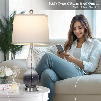 Cinkeda 28" Gradual Gray Glass Table Lamps Set of 2, 3-Way Touch Dimmable with USB Ports & AC Outlet, Modern Bedside Lamps for Bedroom Living Room
