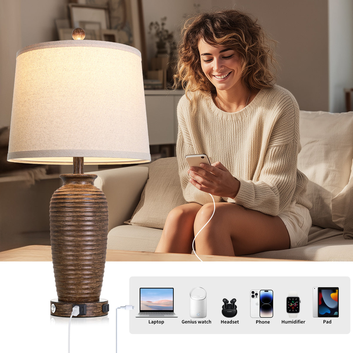 Cinkeda 25" Brown Resin Table Lamps Set of 2, 3-Level Touch Control Bedside Nightstand Lamps with USB & Type-C Ports, AC Outlet for Living Room