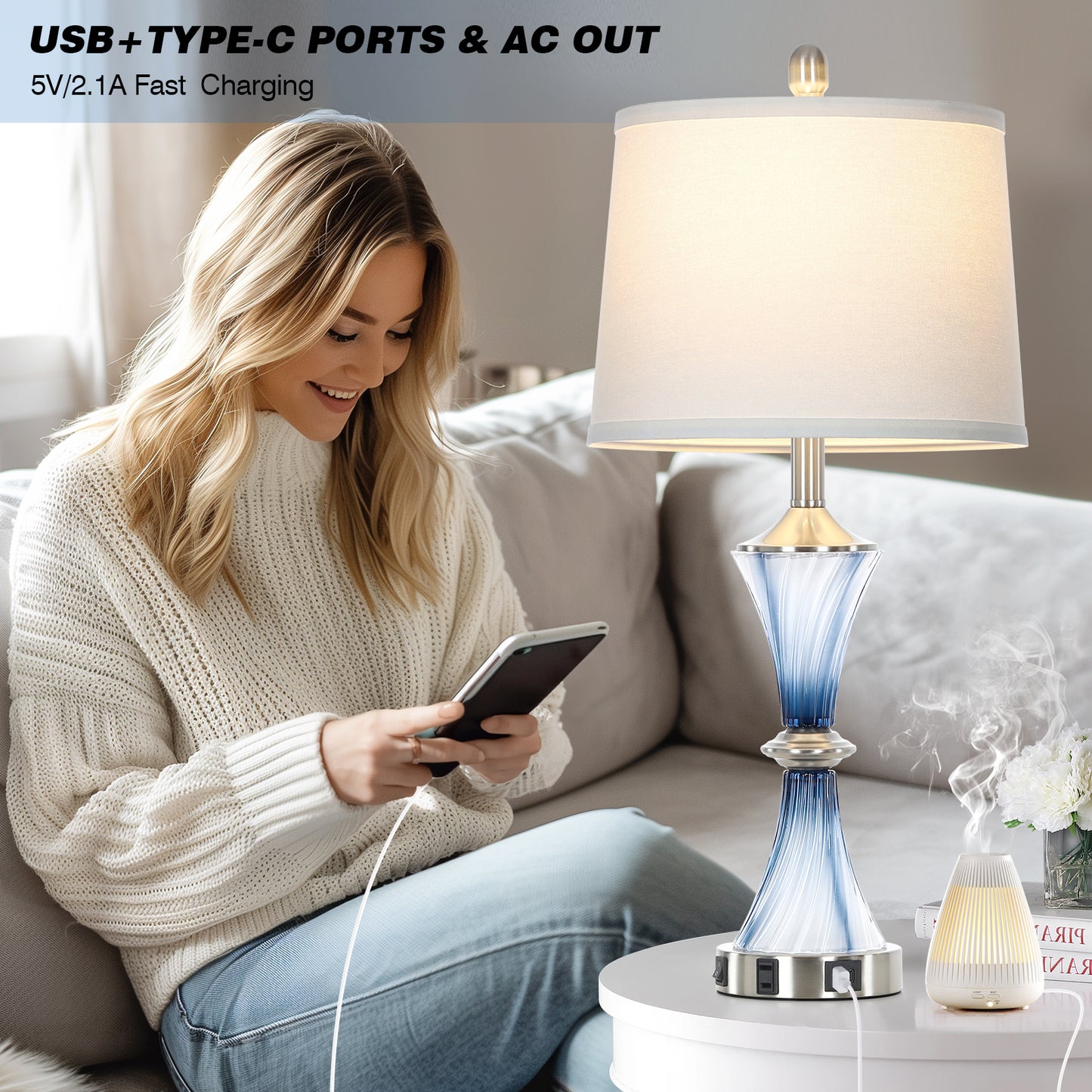 Cinkeda 27" Blue Gradient Glass Table Lamps Set of 2 with USB-C/A Ports & AC Outlet,Coastal Lamp for Night Stands Bedroom Living Room