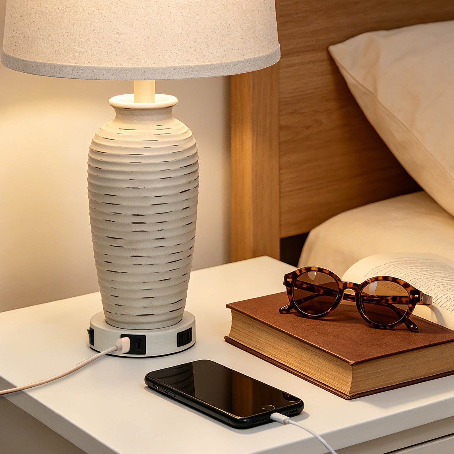 Cinkeda 25" Touch Control Table Lamp, White Resin Jar Body with Oatmeal Linen Shade, USB-C & AC Outlet, 3-Level Dimmable, Dimmable LED Bulb Included for Bedroom