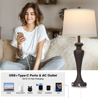 30" Classic Table Lamp, Coffee Base with USB/Type-C & AC Outlet, Linen Shade, E26 Dimmable LED Bulb Included, 3-Way Touch Switch for Bedroom/Living Room(Set of 2)（副本）