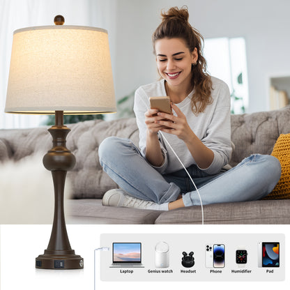 Cinkeda 29" Tall Table Lamps Set of 2 for Living Room Bedroom with USB C+A Ports AC Outlet Modern Brown 3 Way Dimmable Touch Control Nightstand Bedside Lamp