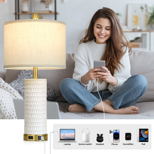 Cinkeda 27" White Ceramic Table Lamps Set of 2, 3-Level Touch Control Bedside Nightstand Lamps with USB & Type-C Ports, AC Outlet for Living Room