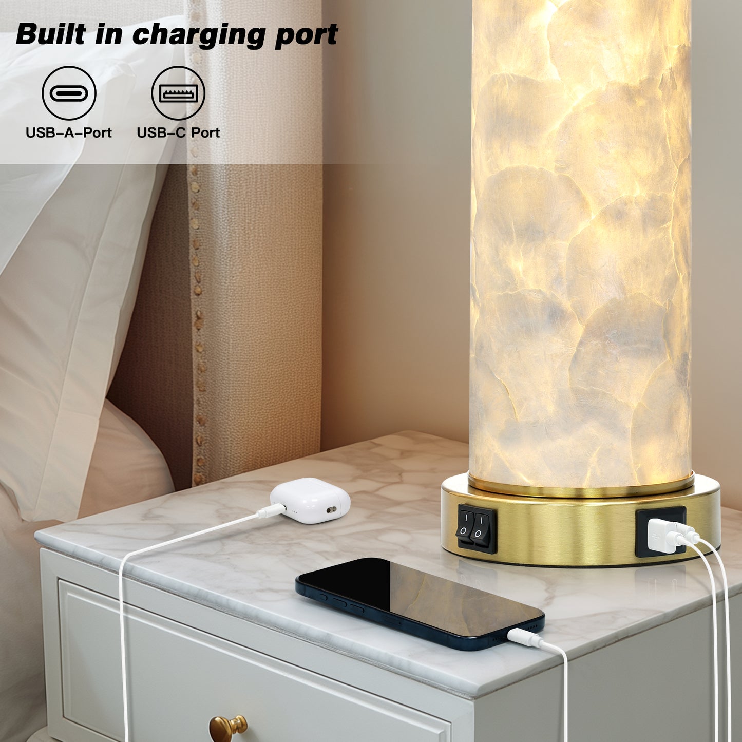 Cinkeda 29" White Seashell Table Lamp Set of 2, Coastal Bedside Nightstand Lamps with USB A+C Ports & Dual Night Light, LED Bulbs Included for Living Room(Gold))