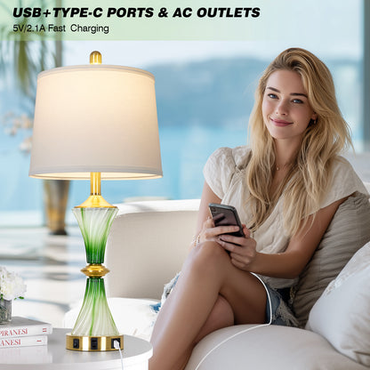 Cinkeda 27" Green Glass Table Lamps Set of 2 with USB-C/A Ports & AC Outlet, Silver Nickel Finish Nightstand Lamps for Bedroom Living Room, LED Bulbs Included