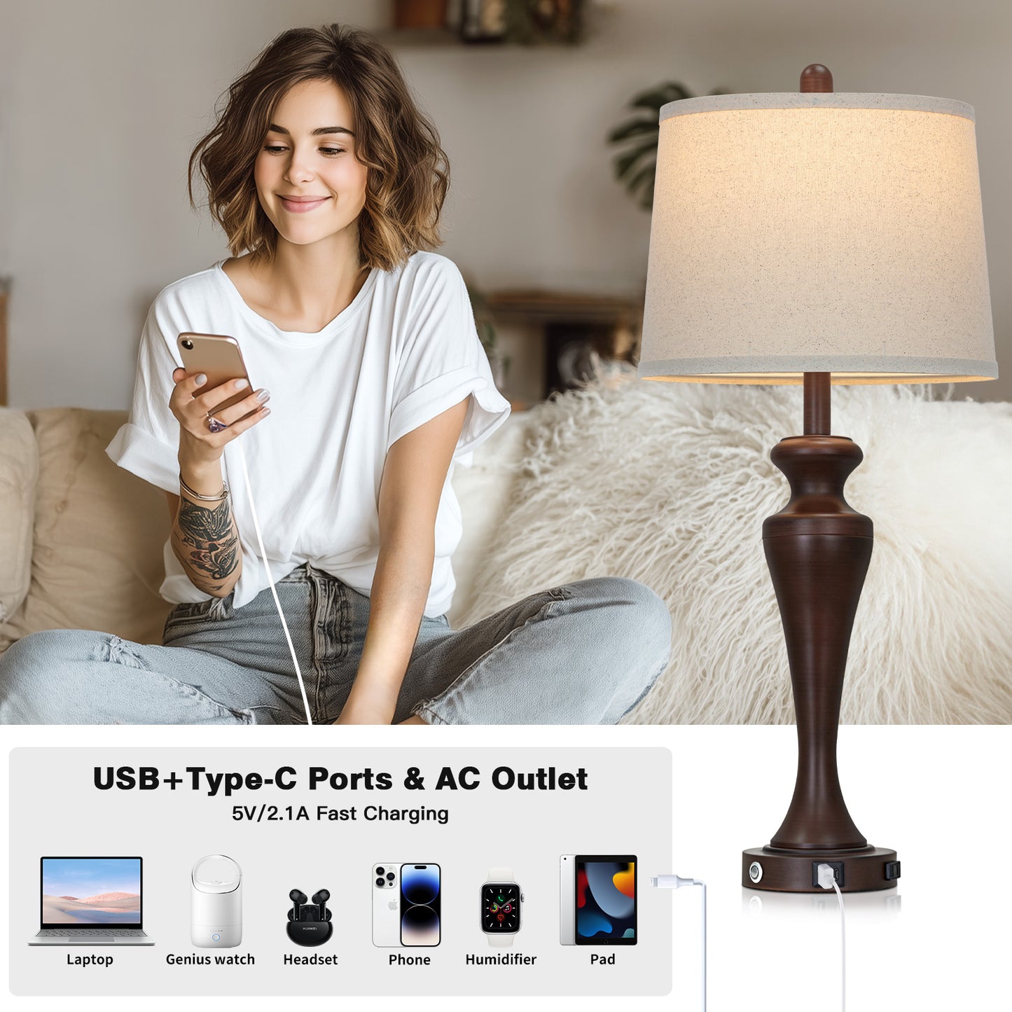 30" Classic Table Lamp, Brown Base with USB/Type-C & AC Outlet, Linen Shade, E26 Dimmable LED Bulb Included, 3-Way Touch Switch for Bedroom/Living Room(Set of 2)（副本）（副本）