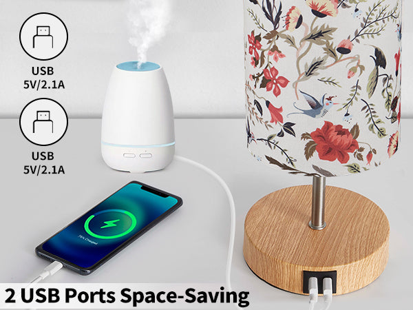 Cinkeda 15" Touch Control Single Small Table Lamp with Dual USB Ports Floral Print Shade 3-Way Dimmable Bedside Nightstand Lamp for Bedroom Living Room (1 Bulb)