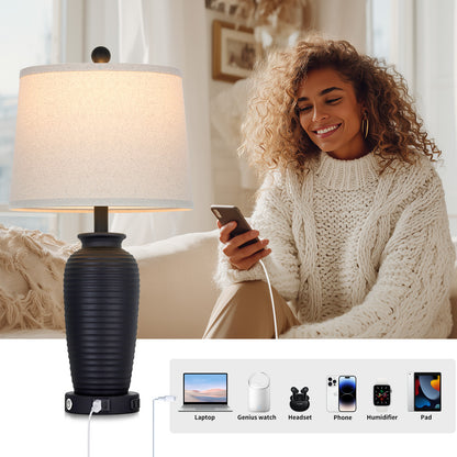 Cinkeda 25" Touch Control Table Lamp, Black Sand-Textured Resin Body with Oatmeal Linen Shade, USB-C & AC Outlet, 3-Level Dimmable, Dimmable LED Bulb Included for Bedroom