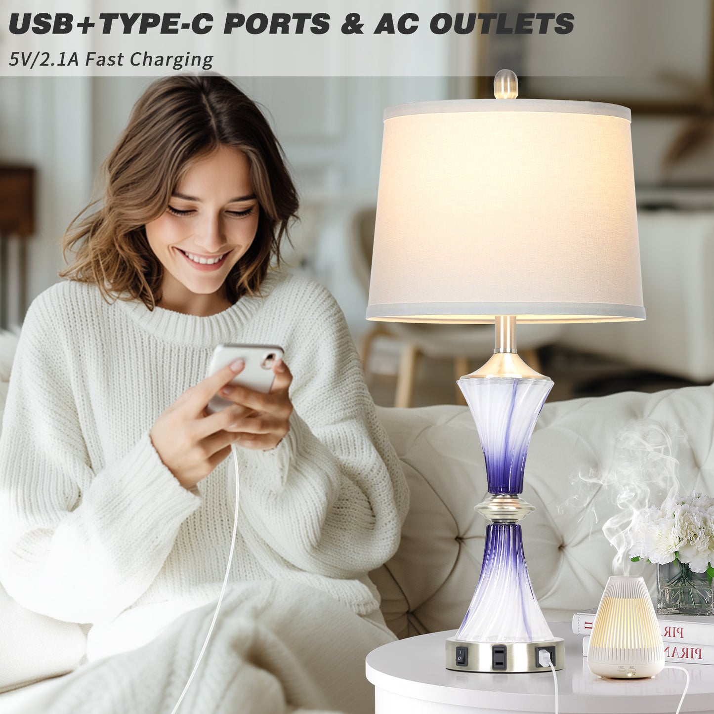 Cinkeda 27" Purple Glass Table Lamps Set of 2 with USB-C/A Ports & AC Outlet, Silver Nickel Finish Nightstand Lamps for Bedroom Living Room, LED Bulbs Included