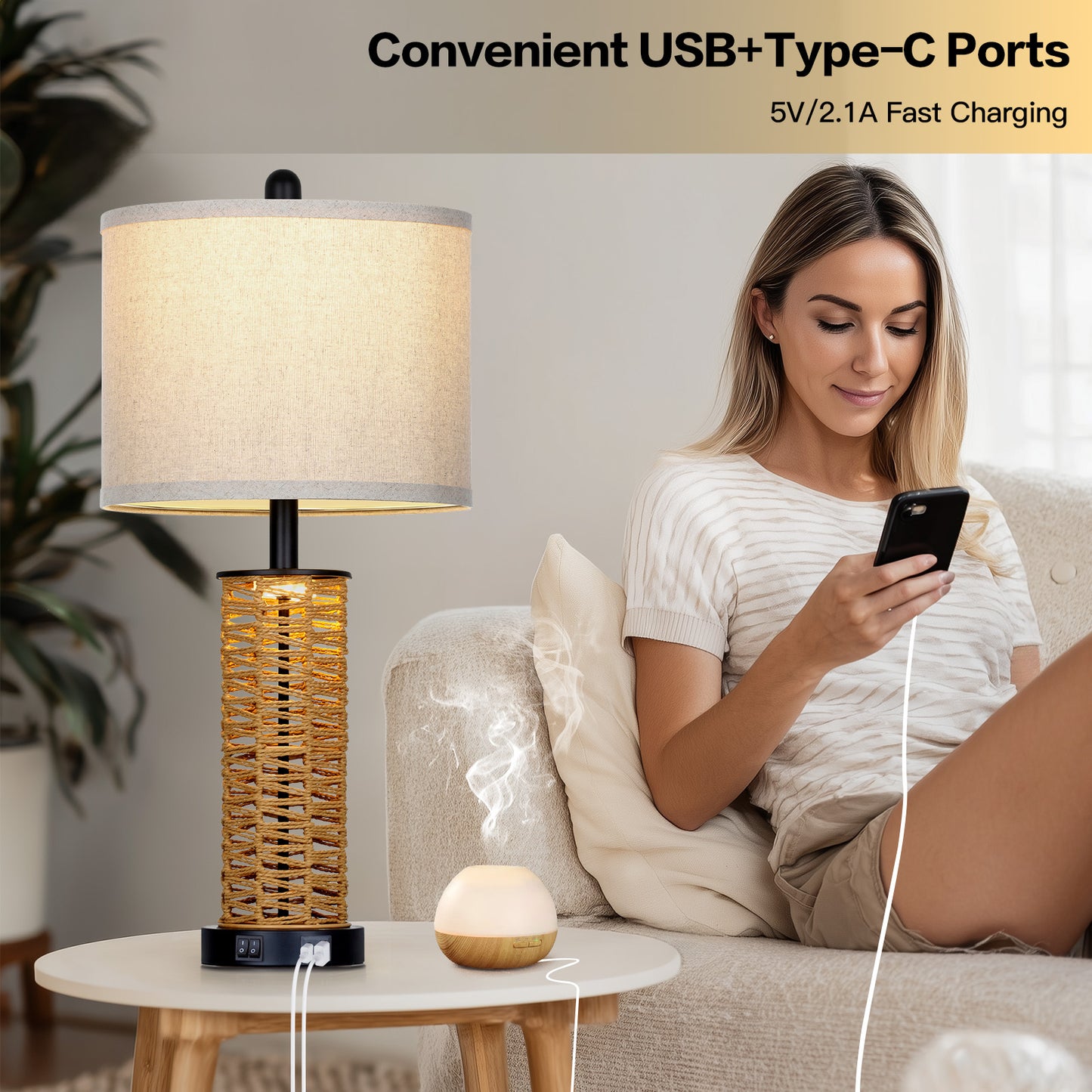 Cinkeda 27" Rattan Woven Table Lamps Set of 2, Boho Bedside Lamp with Dual Rocker Switches & Night Light, USB A+C Ports & Black Finish for Farmhouse Bedroom Living Room