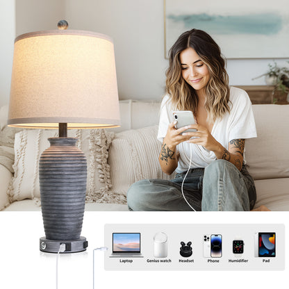 Cinkeda 25" Antique Black Resin Table Lamps Set of 2, 3-Level Touch Control Bedside Nightstand Lamps with USB & Type-C Ports, AC Outlet for Living Room