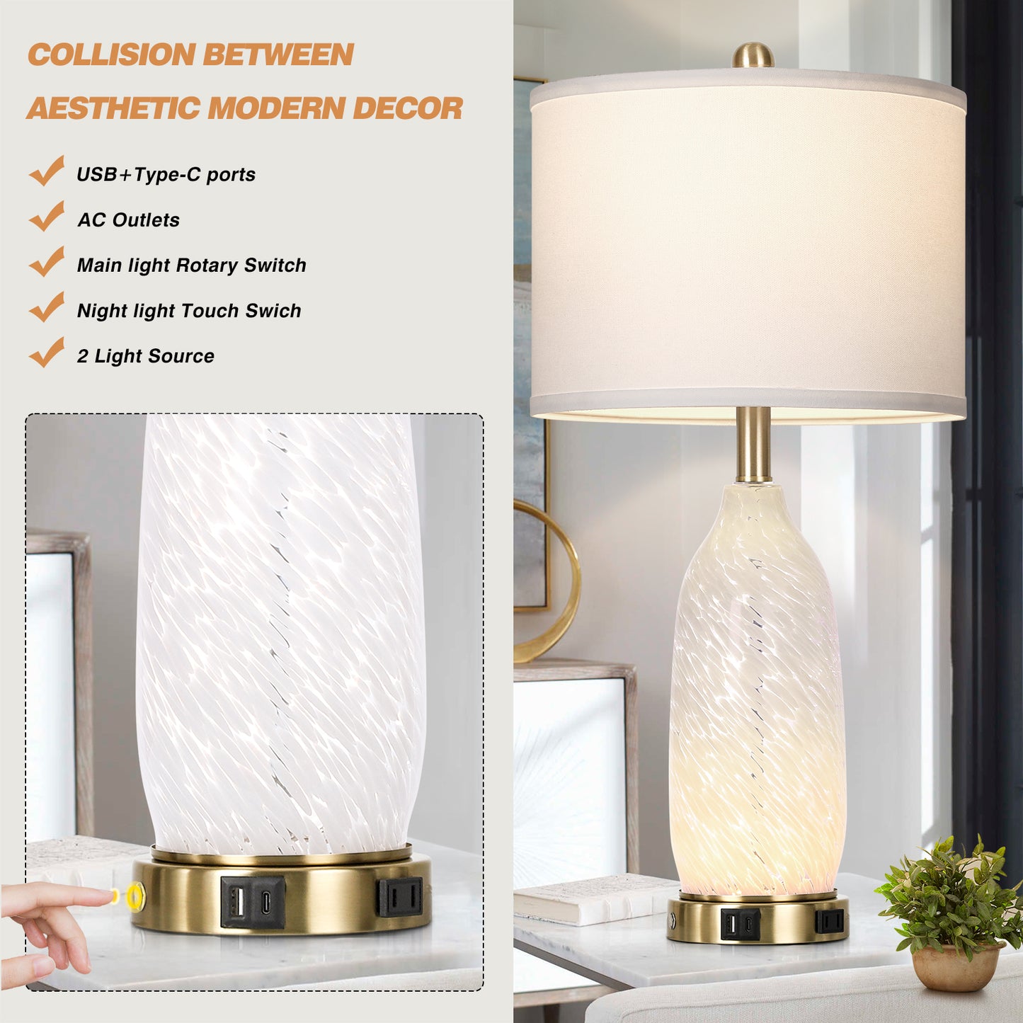 Cinkeda Vintage Style Table Lamps Set of 2 for Living Room Bedroom, 25" Tall with Dual Lights (Knob & Touch), USB-C/A Ports & AC Outlet, White Shade