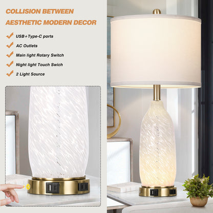 Cinkeda Vintage Style Table Lamps Set of 2 for Living Room Bedroom, 25" Tall with Dual Lights (Knob & Touch), USB-C/A Ports & AC Outlet, White Shade