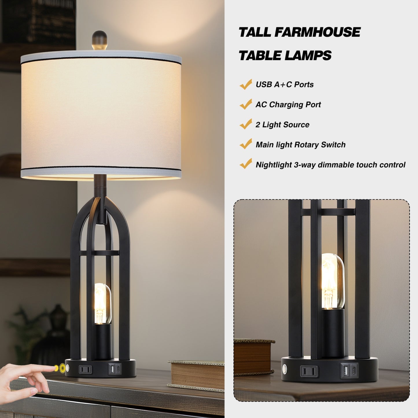 Cinkeda 3 Way Dimmable Table Lamp Set of 2 with AC Outlet USB A+C Charging Ports Touch Control Nightlight for Bedroom Living Room 27" Industrial Black Bedside Nightstand Lamps