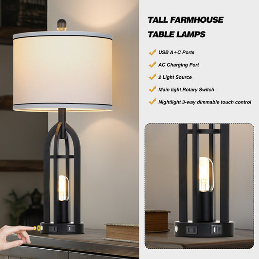Cinkeda 3 Way Dimmable Table Lamp Set of 2 with AC Outlet USB A+C Charging Ports Touch Control Nightlight for Bedroom Living Room 27" Industrial Black Bedside Nightstand Lamps