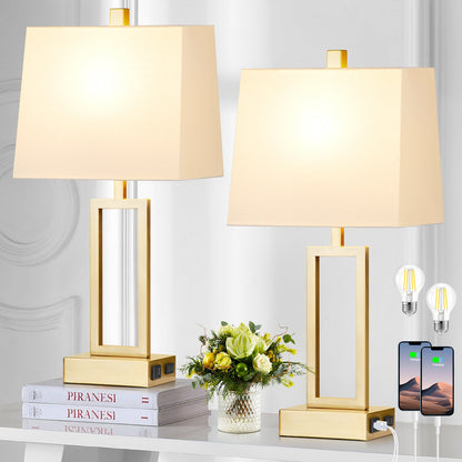 Gold Door Style Table Lamps: Equipped with USB and Type-C Charging Ports, AC Socket and 3-Way Touch Dimming Switch (Set of 2)
