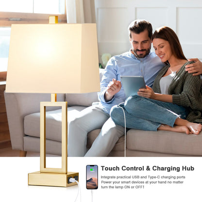 Gold Door Style Table Lamps: Equipped with USB and Type-C Charging Ports, AC Socket and 3-Way Touch Dimming Switch (Set of 2)