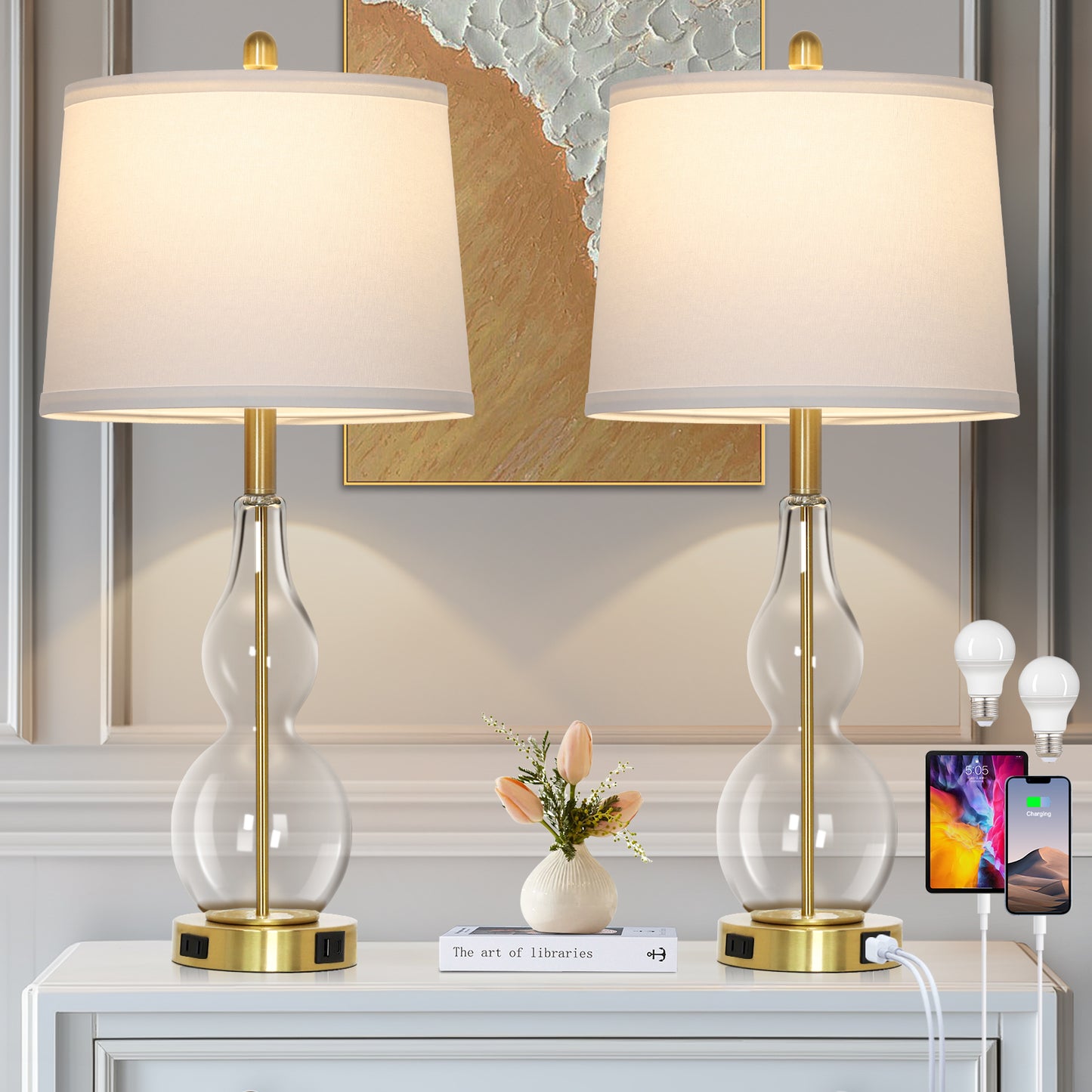 Cinkeda Clear Glass Table Lamp Set of 2 for Living Room Bedroom 27.5" 3-Way Dimmable Touch Control Bedside Lamps with USB Ports AC Outlet Morden Clear Glass Nightstand Lamp