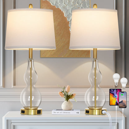 Cinkeda Clear Glass Table Lamp Set of 2 for Living Room Bedroom 27.5" 3-Way Dimmable Touch Control Bedside Lamps with USB Ports AC Outlet Morden Clear Glass Nightstand Lamp