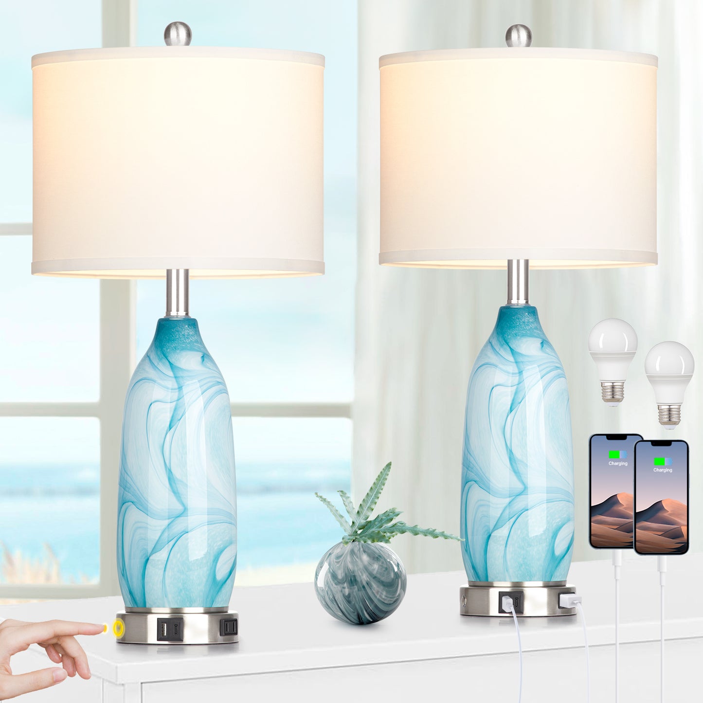 Cinkeda Coastal Glass Table Lamp Set of 2 with Nightlight USB A+C Ports AC Outlet Modern 3 Way Dimmable Touch Control Nautical Blue Nightstand Bedside Lamps for Living Room Bedroom