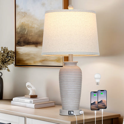 Cinkeda 25" Touch Control Table Lamp, Light Gray Resin Jar Body with Oatmeal Linen Shade, USB-C & AC Outlet, 3-Level Dimmable, Dimmable LED Bulb Included for Bedroom