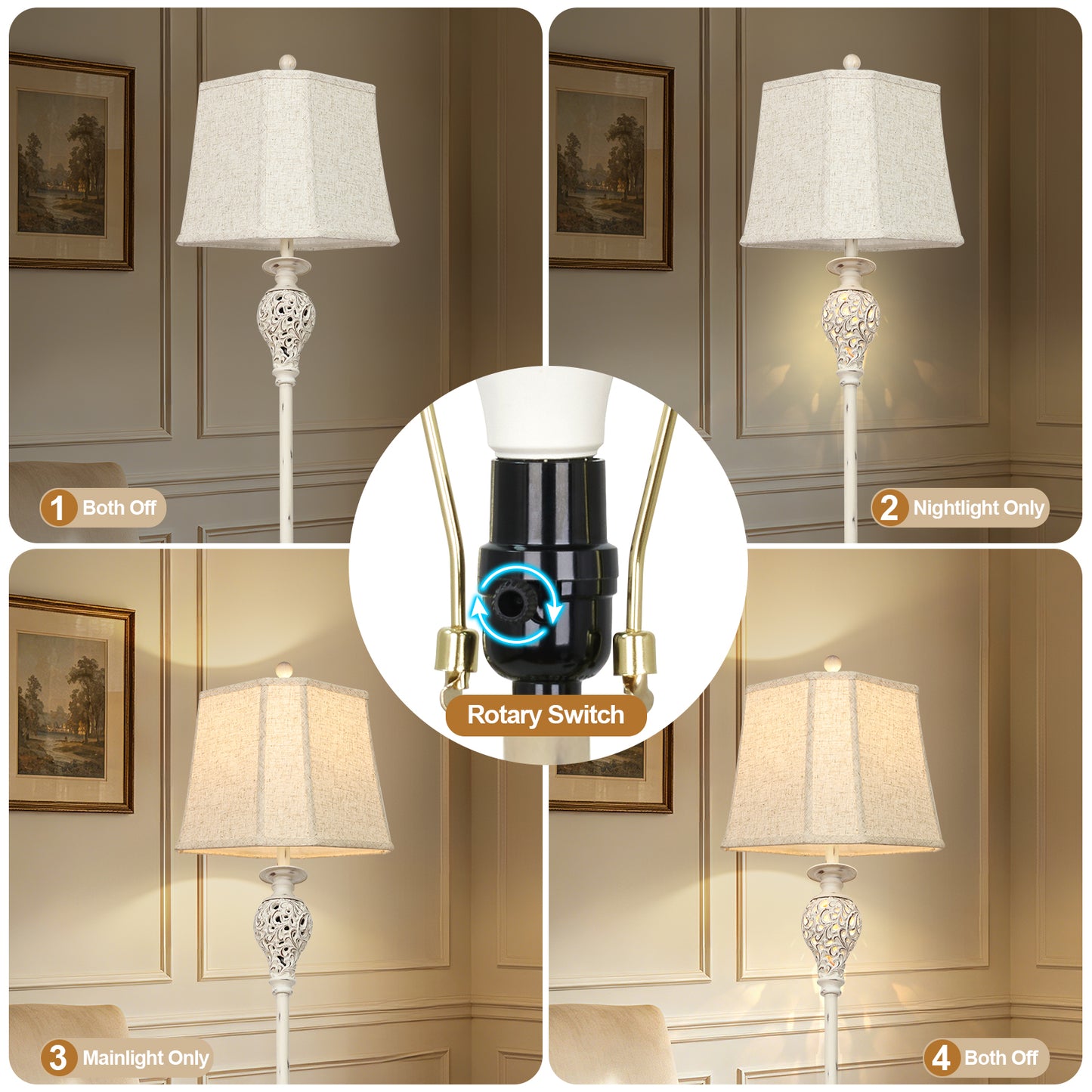 Cinkeda 67" Floor Lamp, Standing Lamp with Night Light & 4-Level Rotary Switch & Dimmable 3-Color Temp for Living Room, LED Bulb Included
