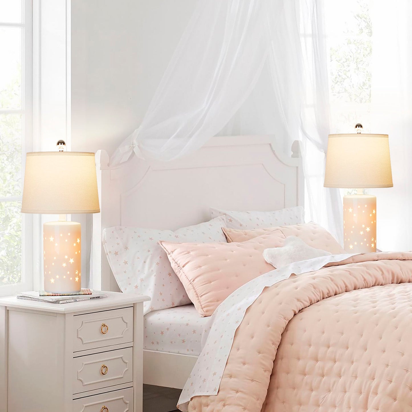 Table Lamps Nightlight 2in1 Ceramic White Hollow 4-Way Rotary Switch (Set of 2)