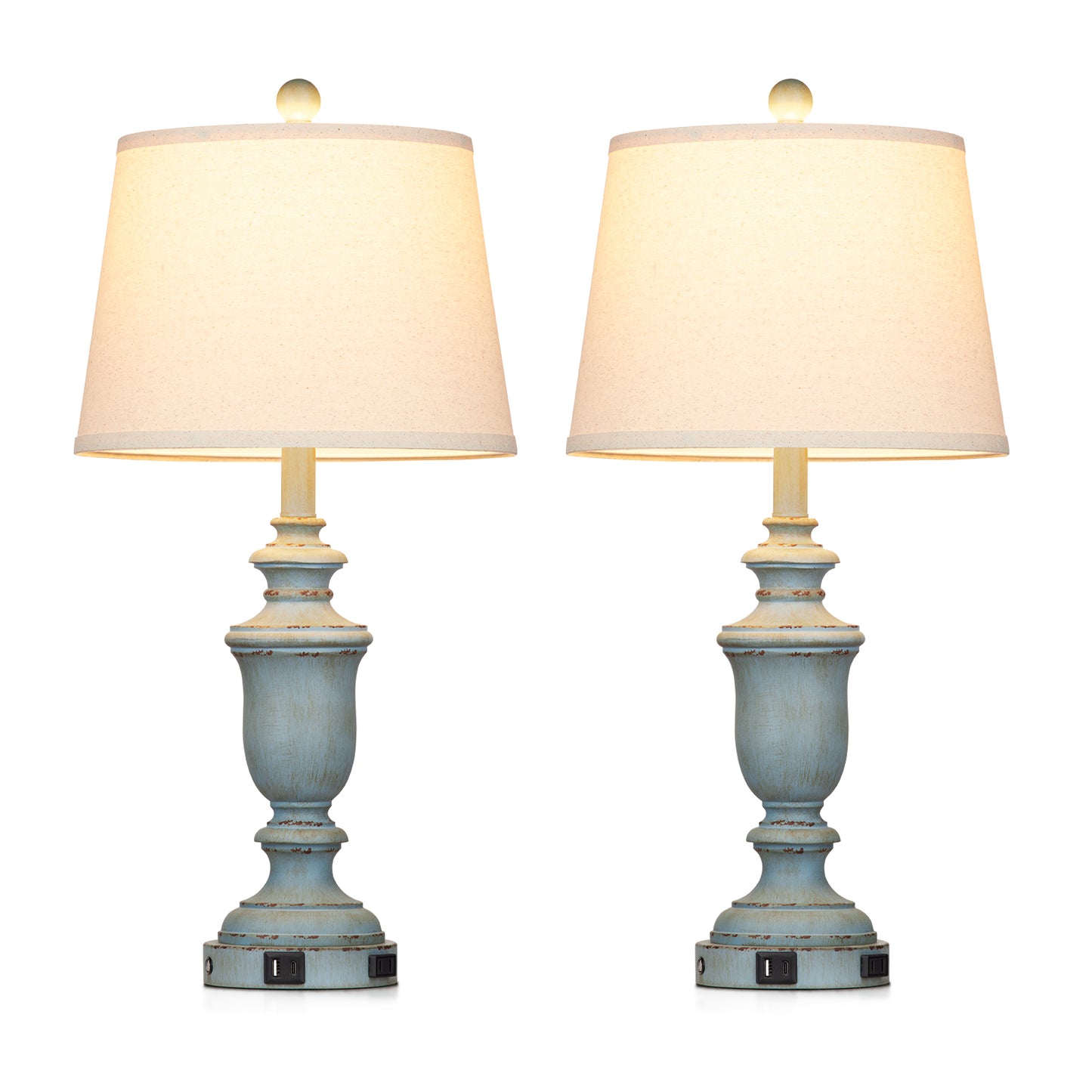 Blue resin tilted drum shade table lamps with a 3 - way touch dimming switch, USB Type - C charging ports and an AC outlet (Set of 2)