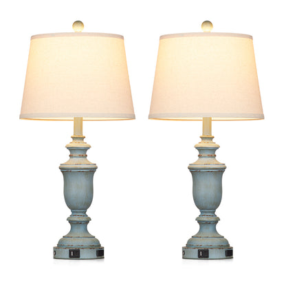 Blue resin tilted drum shade table lamps with a 3 - way touch dimming switch, USB Type - C charging ports and an AC outlet (Set of 2)