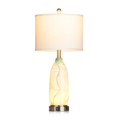 2-in-1 table lamp with nightlight. Blue glass lamp body. Charging ports & AC outlet. Drum shade. Touch switch (Set of 2)