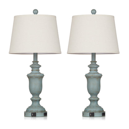 Blue resin tilted drum shade table lamps with a 3 - way touch dimming switch, USB Type - C charging ports and an AC outlet (Set of 2)