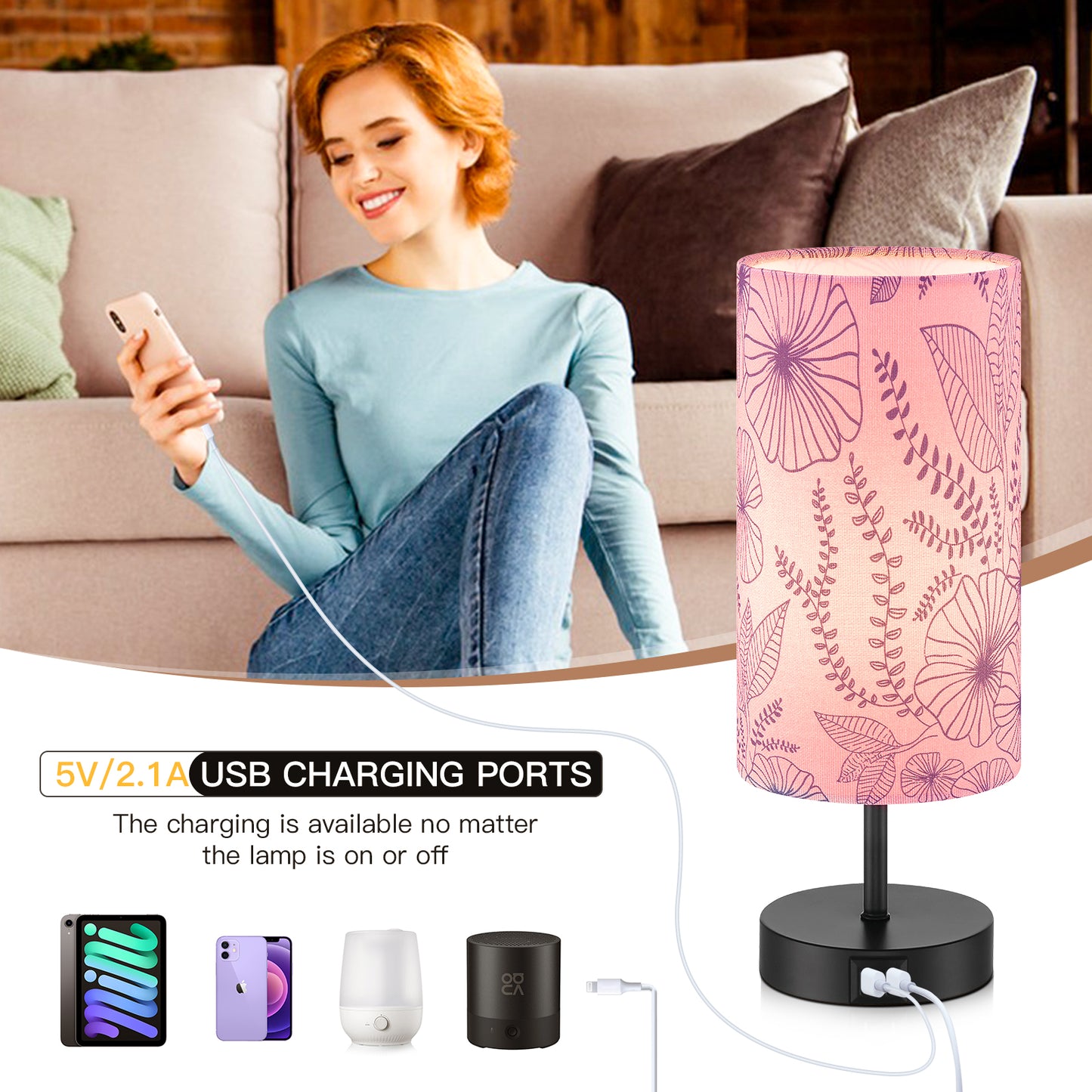 Cinkeda 15" Touch Control Small Table Lamp with Dual USB Ports, Pink Floral Print Shade & 3-Way Dimmable Bedside Nightstand Lamp for Bedroom Living Room (1 Bulb Included)