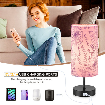Cinkeda 15" Touch Control Small Table Lamp with Dual USB Ports, Pink Floral Print Shade & 3-Way Dimmable Bedside Nightstand Lamp for Bedroom Living Room (1 Bulb Included)