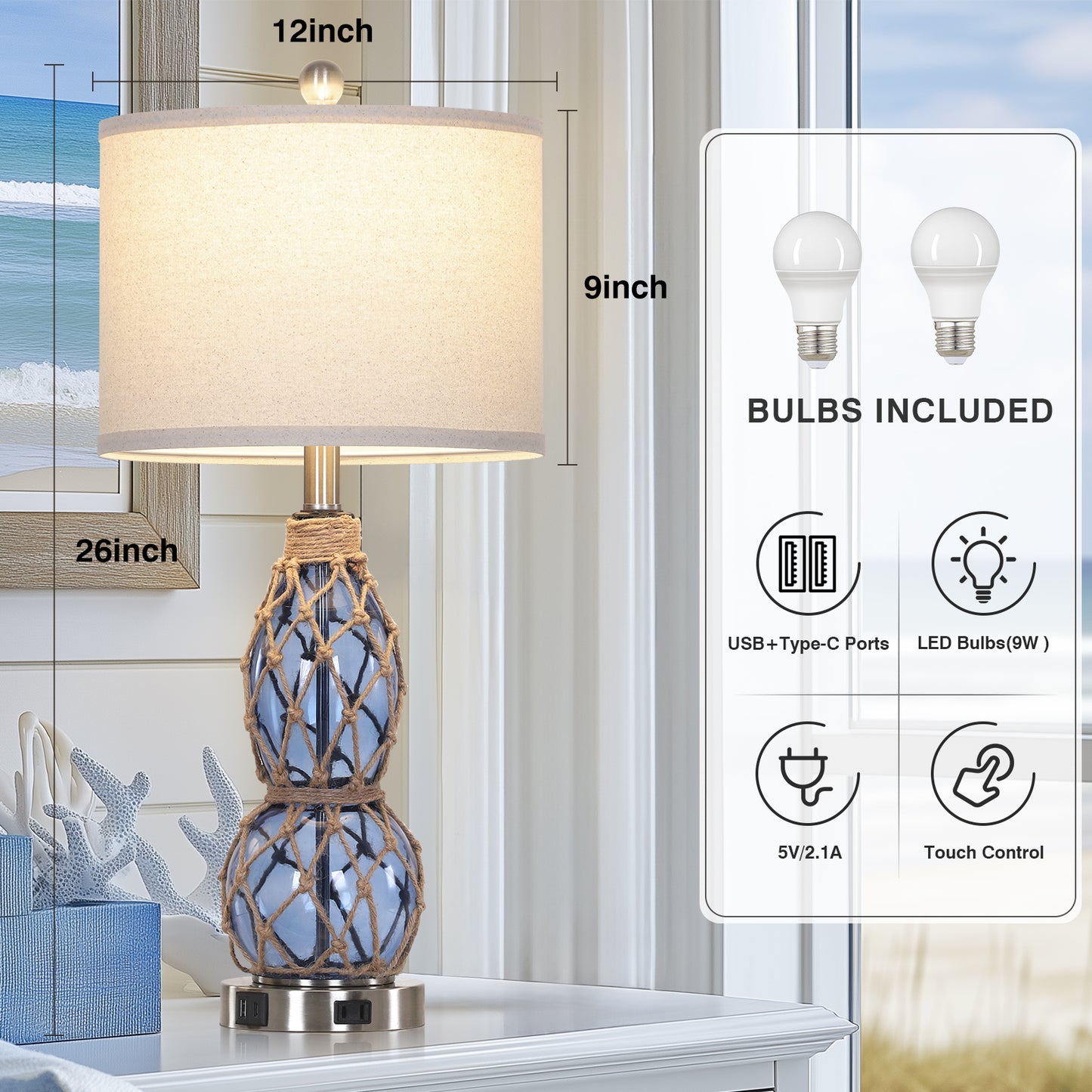 Cinkeda Coastal Glass Table Lamps Set of 2 with USB C+A Ports AC Outlet 3 Way Dimmable Touch Control Nightlight 26" Nautical Bedside Lamp for Living Room Bedroom