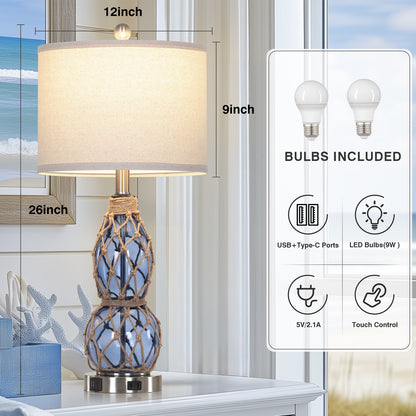 Cinkeda Coastal Glass Table Lamps Set of 2 with USB C+A Ports AC Outlet 3 Way Dimmable Touch Control Nightlight 26" Nautical Bedside Lamp for Living Room Bedroom