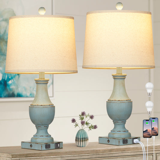 2 Vintage Blue Table Lamps: Resin, E26 Holder, Tilted Shade, USB & Type - C Ports (Set of 2)