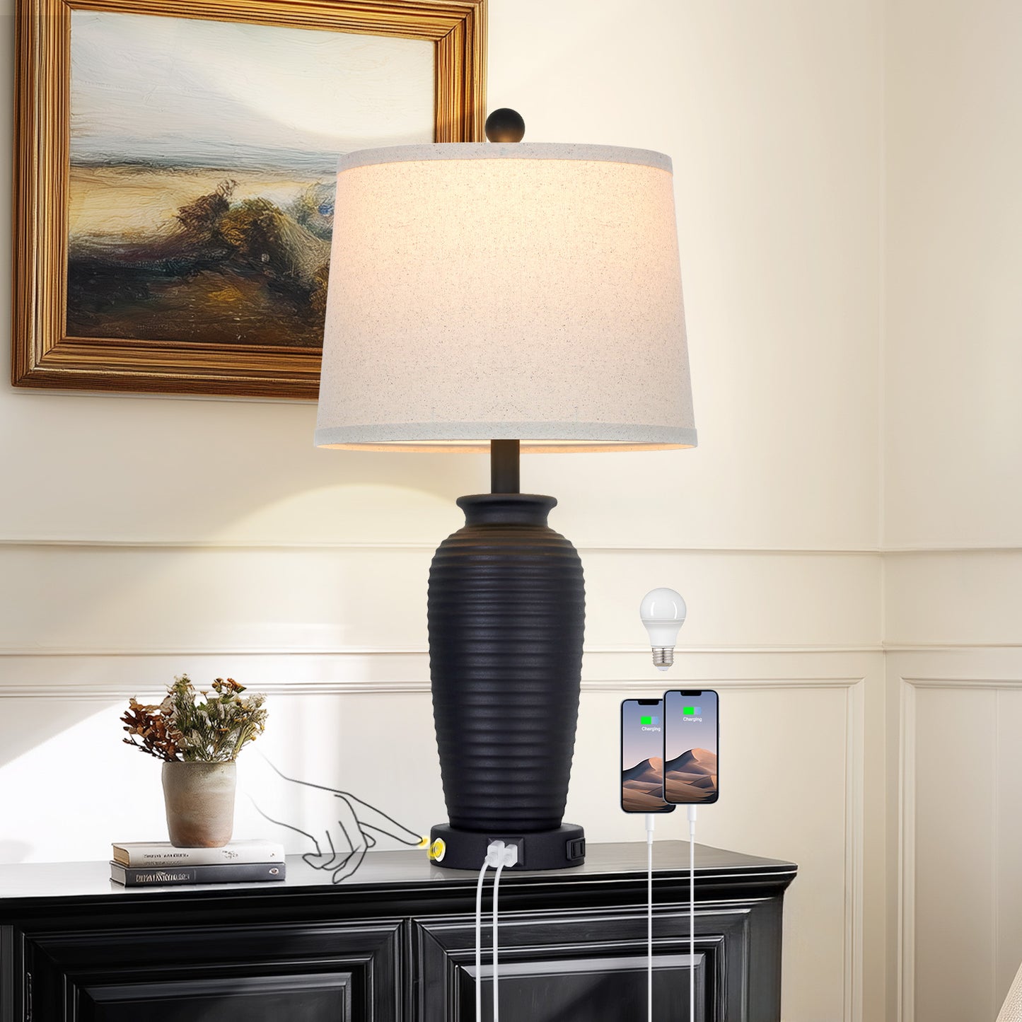 Cinkeda 25" Touch Control Table Lamp, Black Sand-Textured Resin Body with Oatmeal Linen Shade, USB-C & AC Outlet, 3-Level Dimmable, Dimmable LED Bulb Included for Bedroom