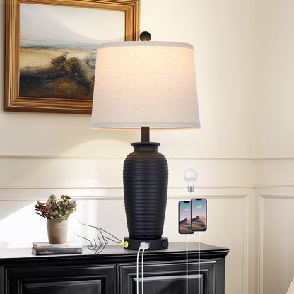 Cinkeda 25" Touch Control Table Lamp, Black Sand-Textured Resin Body with Oatmeal Linen Shade, USB-C & AC Outlet, 3-Level Dimmable, Dimmable LED Bulb Included for Bedroom
