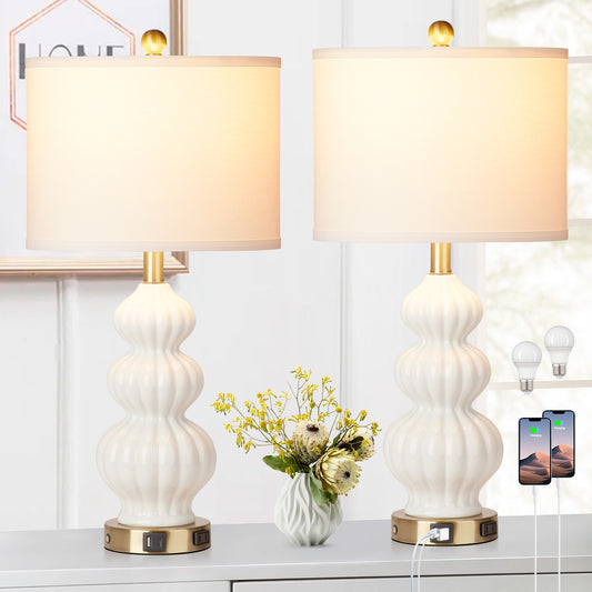 White Ceramic Cucurbit Style Table Lamp with 3-Way Touch Dimming Switch, USB Type C Charging Ports and AC Outlet (Set of 2)